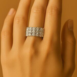 Silver Stretch Ring with Clear Rhinestones – Glamorous Wide Band Bling Jewelry